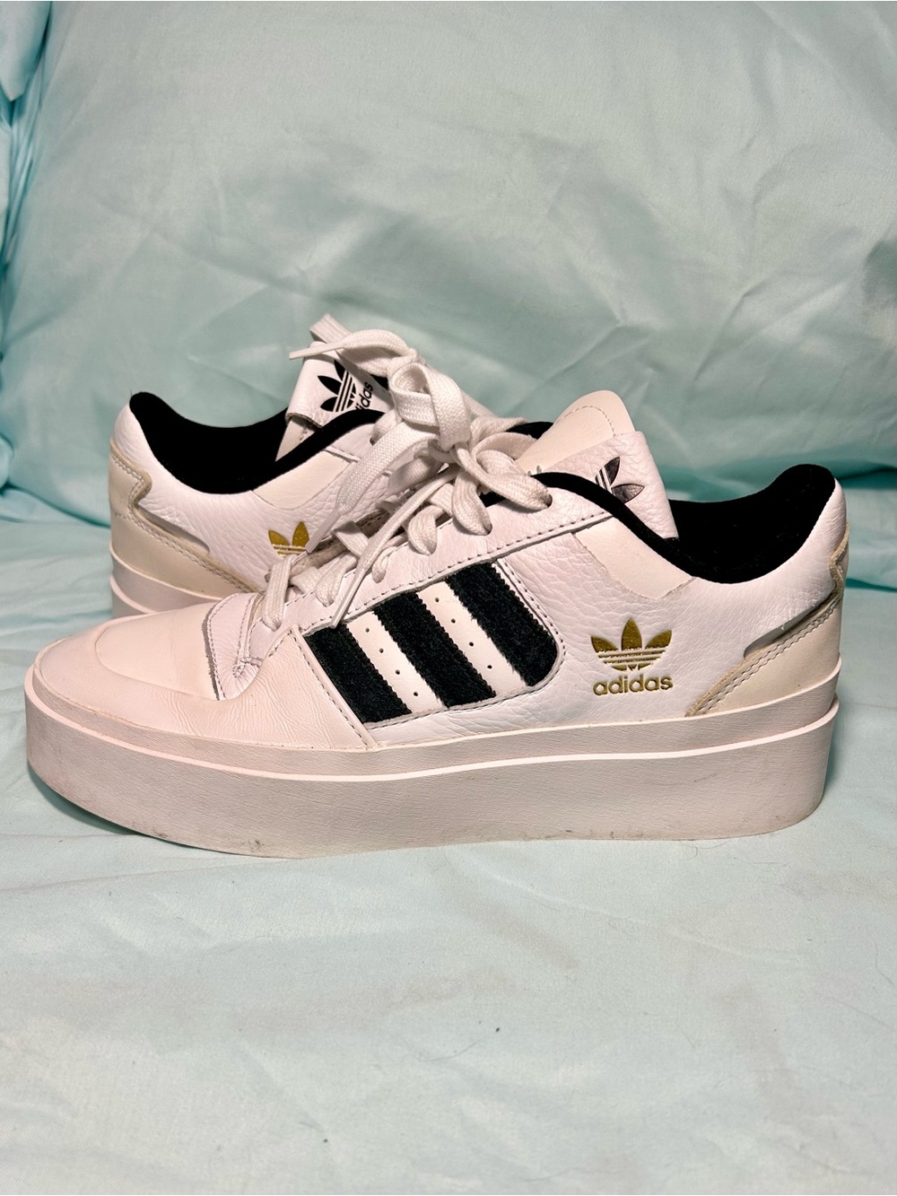 adidas White Platform Sneakers with Black Stripes and Gold Trefoil